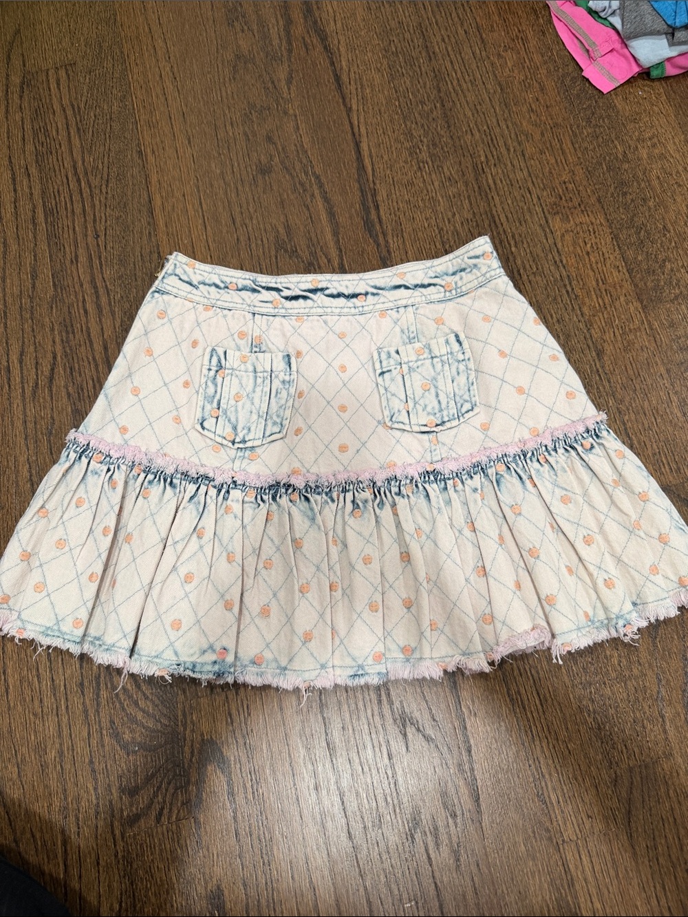 LoveShackFancy Denim Mini Skirt with Pink and Blue Accents